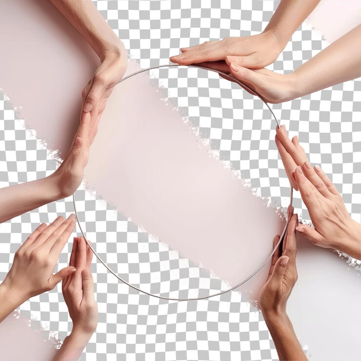 PSD a group of people with their hands around a piece of paper with a white background