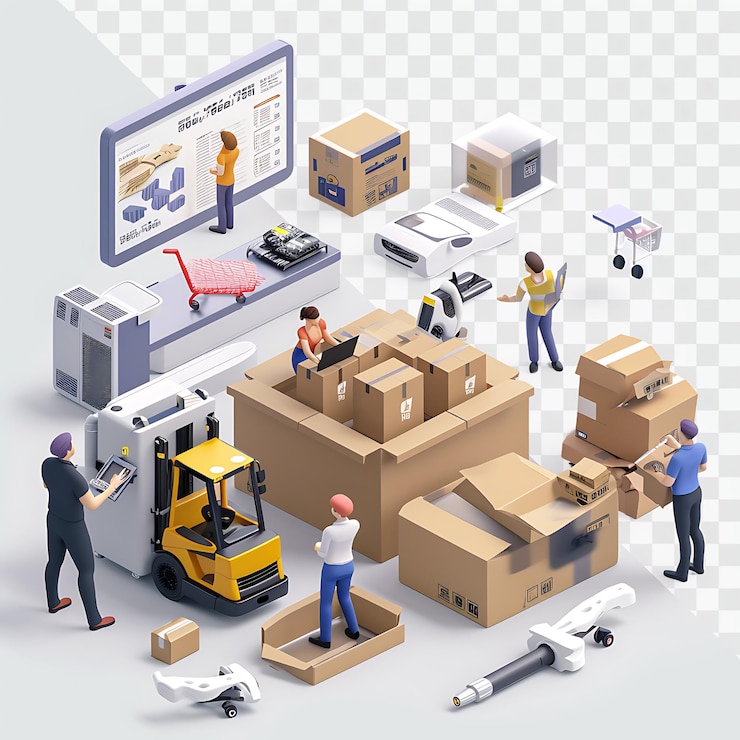 PSD a group of people working in a room with boxes and a computer monitor