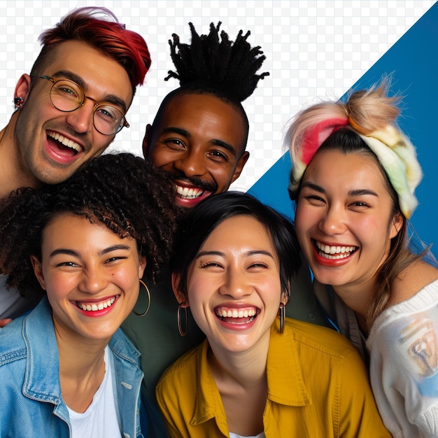 Group portrait of five happy smiling mixed race multi ethnic friends team of 5 cheerful young diverse people with toothy smiles having photoshoot and looking at camera against blue studio isola