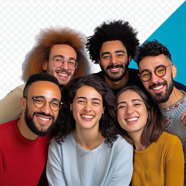 Group portrait of five happy smiling mixed race multi ethnic friends team of 5 cheerful young diverse people with toothy smiles having photoshoot and looking at camera against blue studio isola