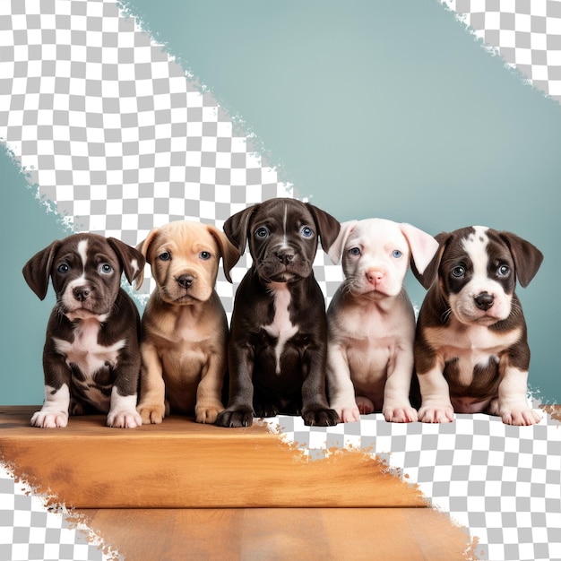 A group of puppies are sitting on a table.