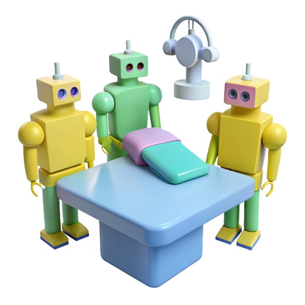 a group of robots are standing around a table with a table and a sign that says robot