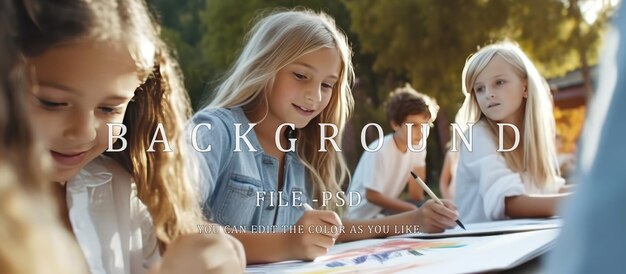 PSD group of small children studying together outdoor background