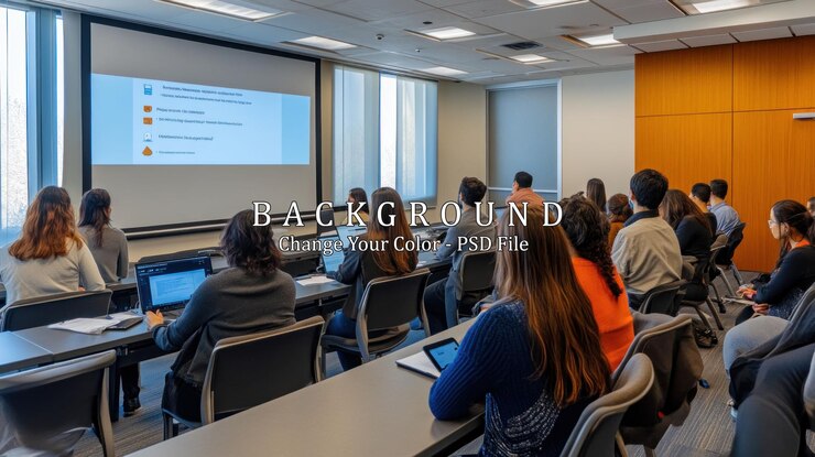 PSD a group of students are attentively watching a presentation on a screen in a conference room