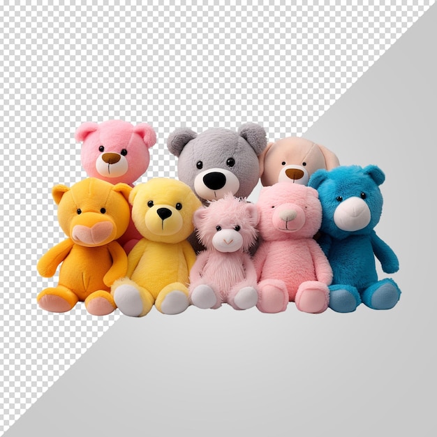 A group of stuffed animals are on a white background