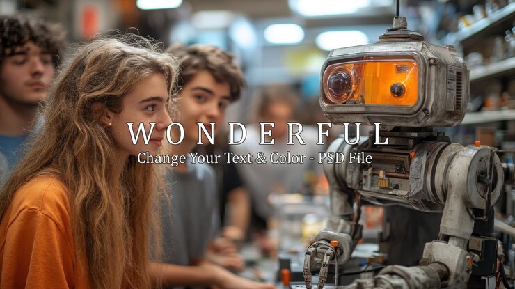 PSD a group of teenagers look in awe at a robot during a workshop