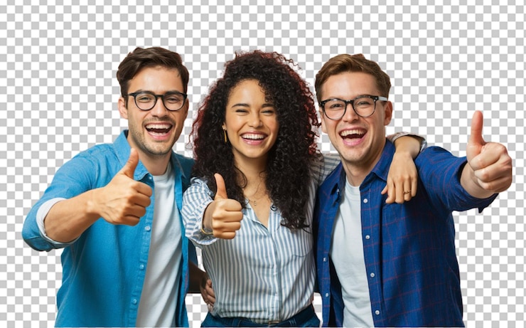 PSD group of three friends giving a thumbsup and laughing