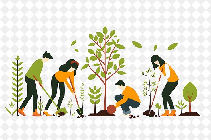 PSD a group of women digging in a garden