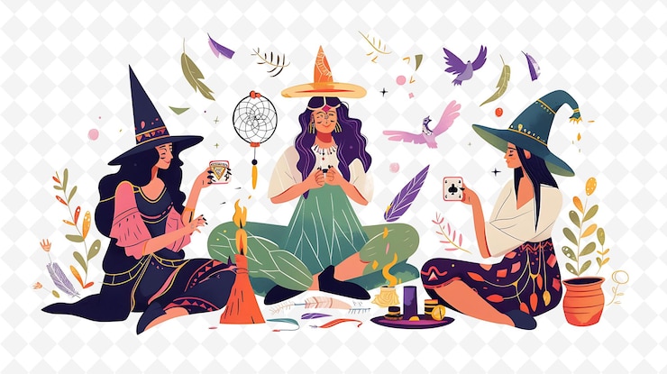 PSD a group of women in hats sit in a circle with birds and birds