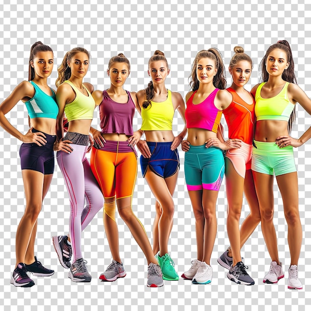 A group of women with different colored shorts on a checkered background