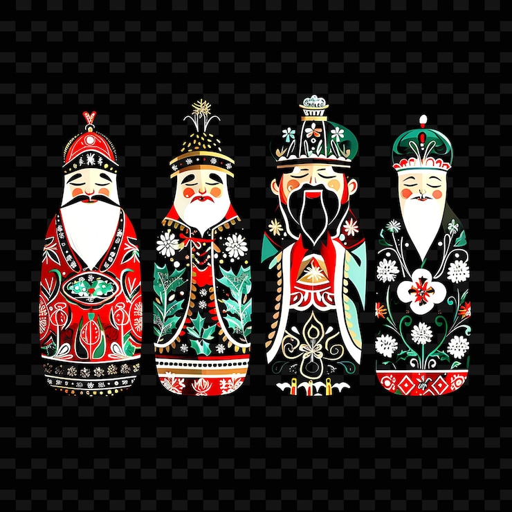 PSD a group of wooden figurines with a red and green background