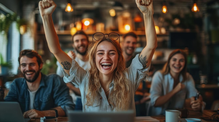 PSD a group of young professionals celebrating success at work with one woman in the foreground raising her arms in excitement