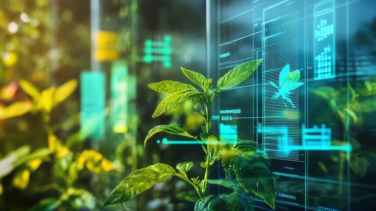 PSD growing plant with digital overlay showing data and analysis in a greenhouse
