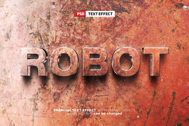 PSD grunge old robot metal 3d editable text effect wall logo mockup