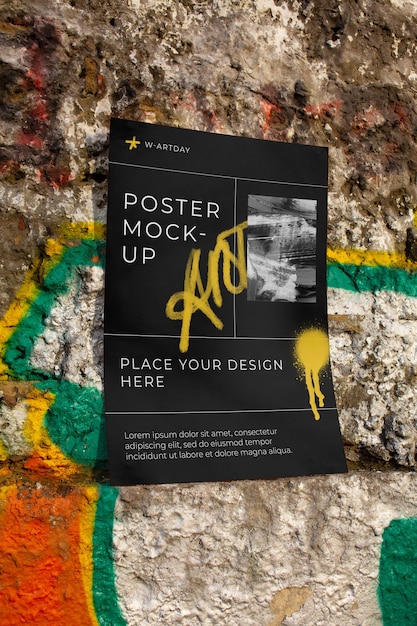 Grunge poster mock-up design on rough outdoors surface with spray paint