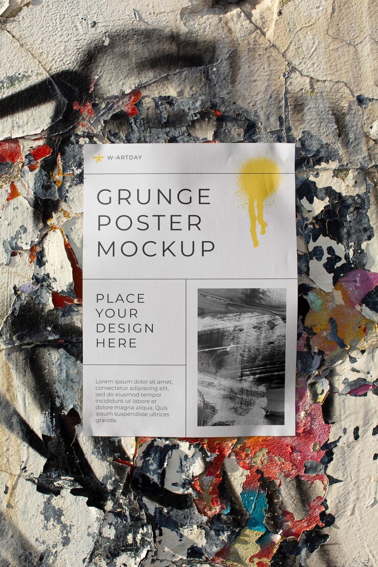 PSD grunge poster mock-up ontwerp op ruw buitenoppervlak met spuitverf