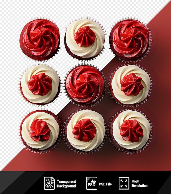 PSD grupa czerwonych aksamitnych cupcake'ów z glazurą masła izolowany close-up z białymi cupcakami na czerwonym tle png psd