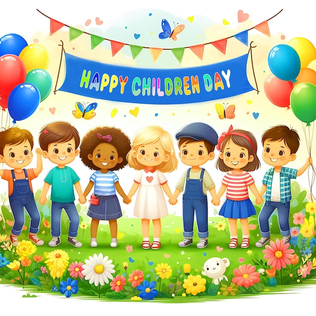 PSD grupa dzieci bawiących się na trawiastym polu cieszy się szczęśliwym dniem dziecięcym