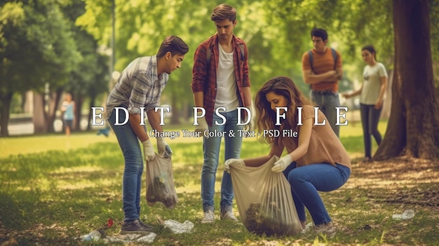 PSD grupa młodych ludzi zbierających plastikowe śmieci do czyszczenia w parku