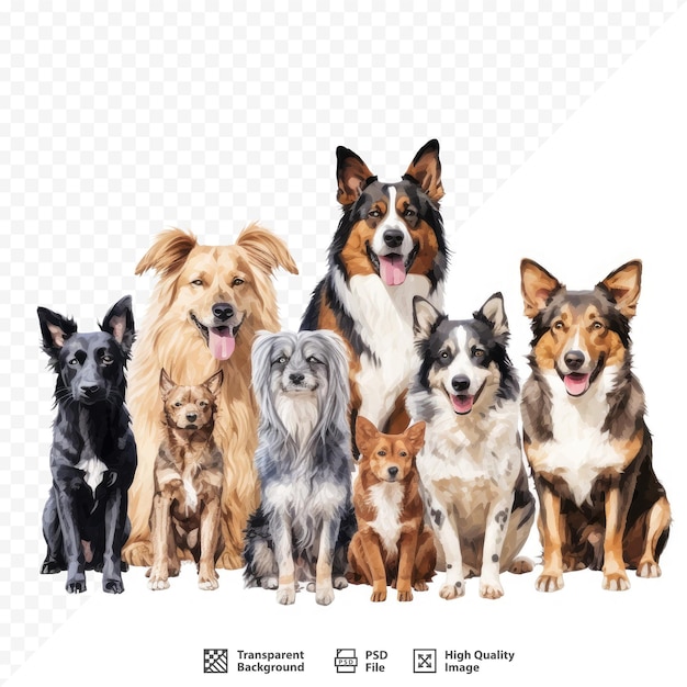 PSD grupa psów stoi przed przezroczystym tłem.