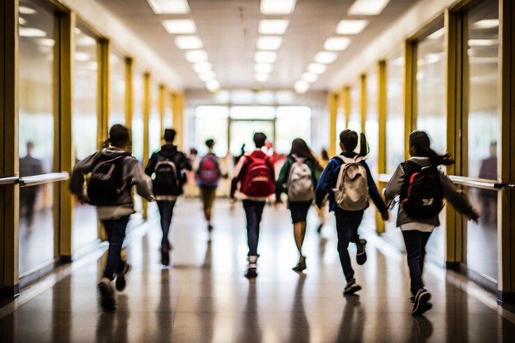 PSD grupa studentów idących korytarzem z plecakami na plecach
