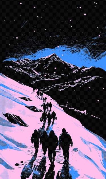 PSD grupa uchodźców idących śnieżną górską ścieżką z da psd poster banner design art refugee