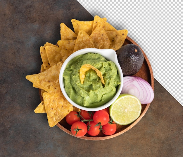 PSD guacamole bowl mockup with nachos and ingredients on grunge background