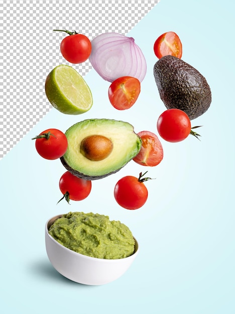 Guacamole bowl with flying ingredients avocado lime onion tomato