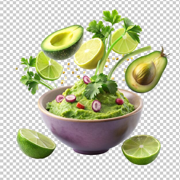 PSD guacamole bowl with flying ingredients on transparent background