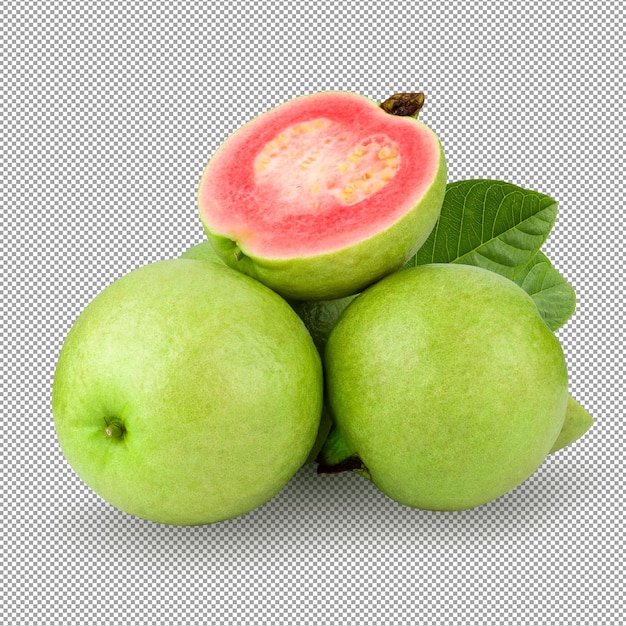 PSD guavefruit met roze, sappig vruchtvlees en een sterk zoet aroma met blad op alfa-achtergrond