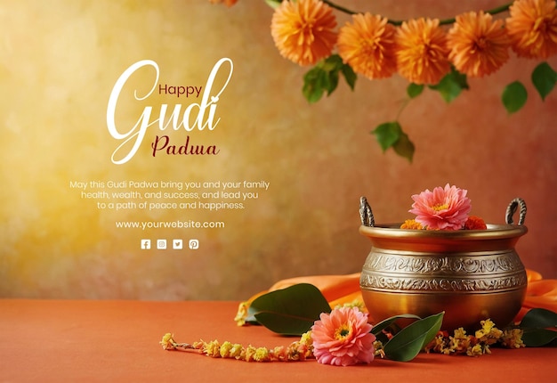 PSD gudi padwa concept bronze pot with flowers garland decoration on peach fuzz texture background