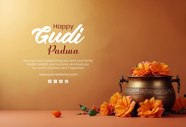 PSD gudi padwa concept bronze pot with flowers garland decoration on peach fuzz texture background