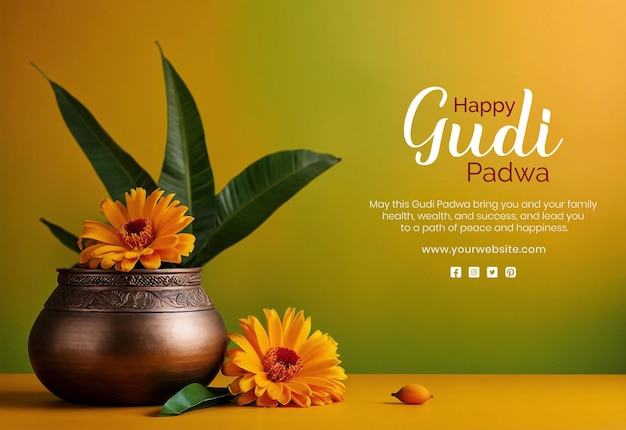 PSD gudi padwa concept bronze pot with marigold flowers and mango leaves decoration