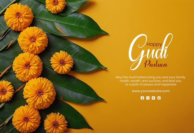 PSD Концепция gudi padwa листья манго с украшением цветов маргаритки на желтом фоне