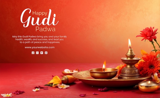 Gudi padwa festival concept bronze plate with diya oil lamp and flowers on red texture background