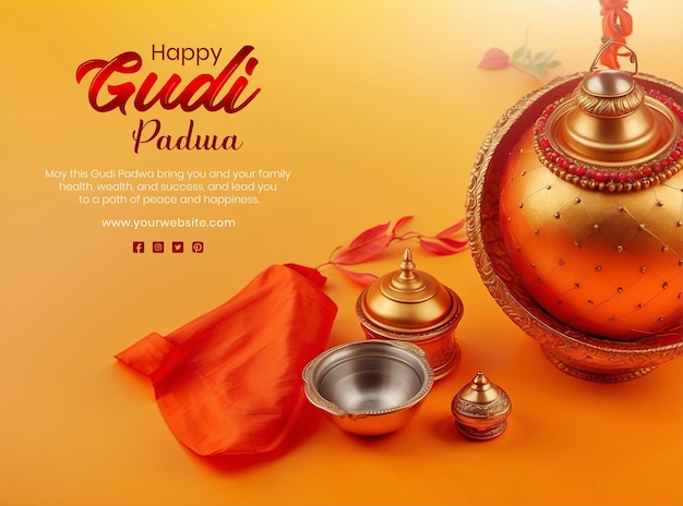 PSD gudi padwa festival concept bronze pot decoration with red cloth on gradient background