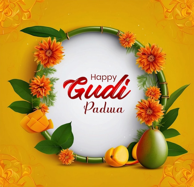 PSD gudi padwa festival concept circle decoration with fruits and leaves on yellow background