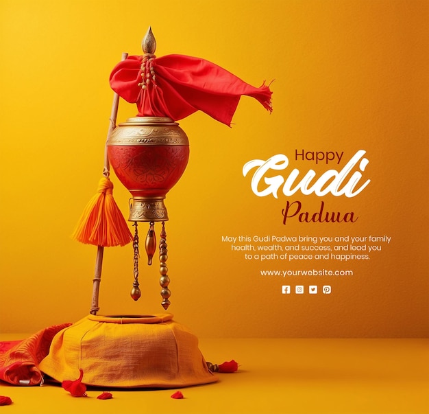 PSD gudi padwa festival concept flag decorated by red cloth and on yellow background