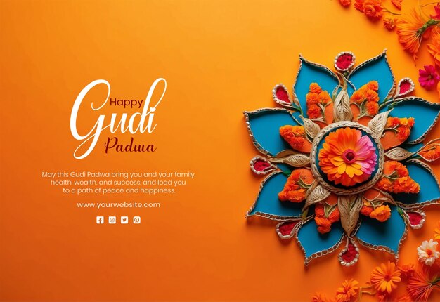 PSD gudi padwa festival concept flower style unique rangoli design on orange background