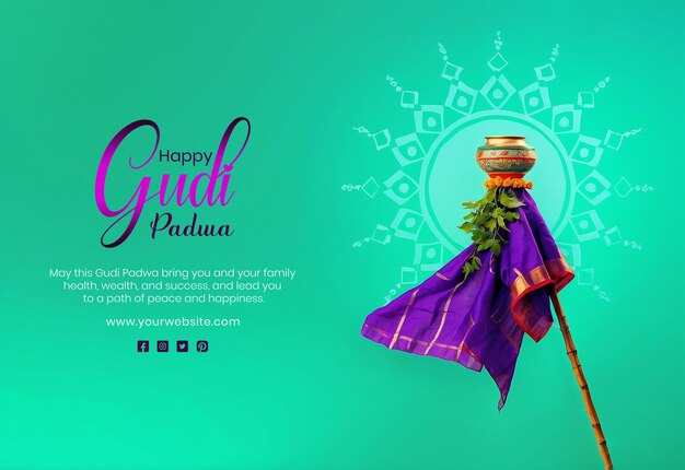 PSD gudi padwa festival concept mandala design with cultural flag and neem leaves on green background