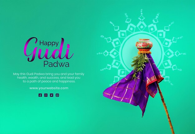 PSD gudi padwa festival concept mandala ontwerp met culturele vlag en neem bladeren op groene achtergrond