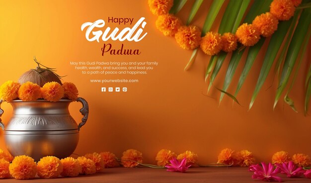 PSD gudi padwa festival concept silver pot with coconut and marigold flowers on orange background