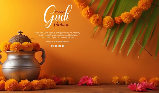 PSD gudi padwa festival concept silver pot with coconut and marigold flowers on orange background