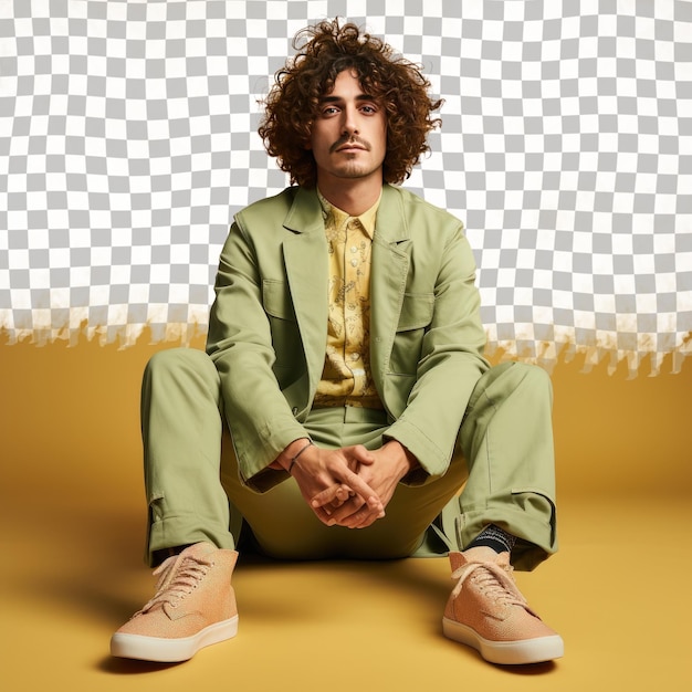 PSD a guilty adult man with curly hair from the slavic ethnicity dressed in baker attire poses in a sitting with one leg bent style against a pastel green background