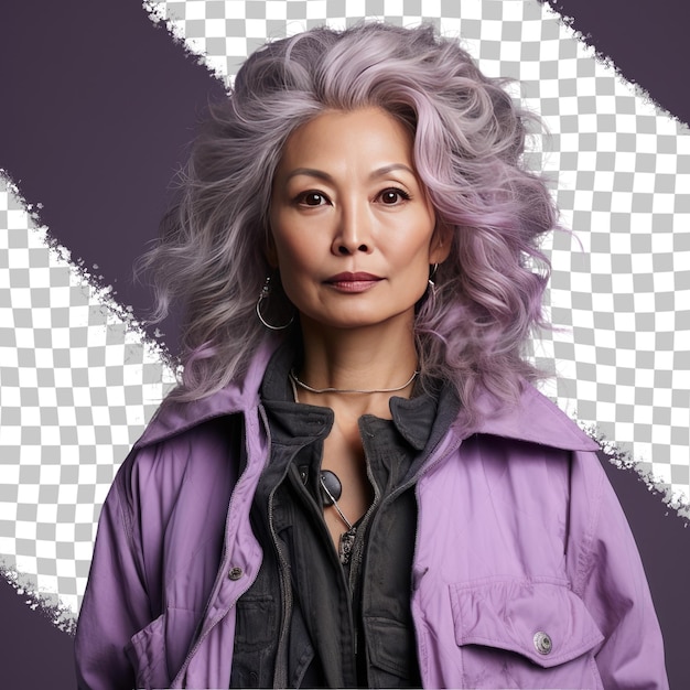 PSD a guilty middle aged woman with wavy hair from the east asian ethnicity dressed in photographing wildlife attire poses in a head tilt with a serious expression style against a pastel lavende