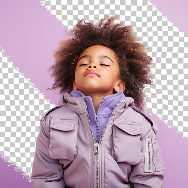 PSD a guilty preschooler girl with kinky hair from the mongolic ethnicity dressed in aerospace engineer attire poses in a eyes closed with a smile style against a pastel lilac background