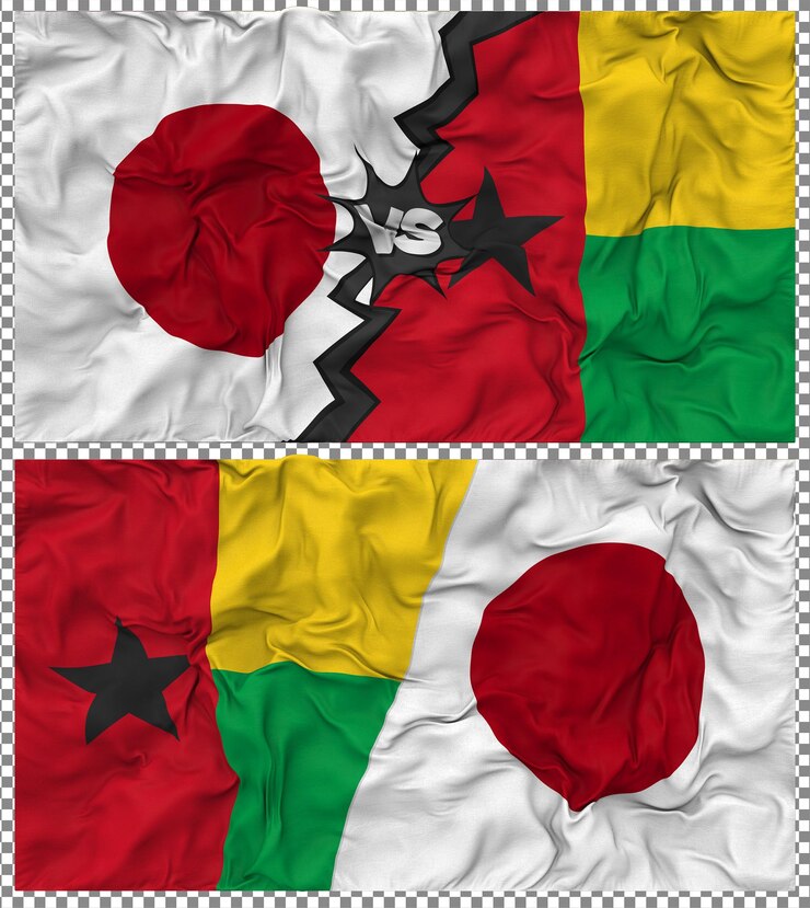 PSD guinea bissau vs japan half combined flag cloth bump texture 3d rendering