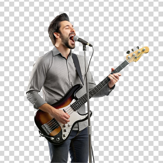 Гитарист играет на электрической гитаре с яркими эмоциями изолированно на белом фоне