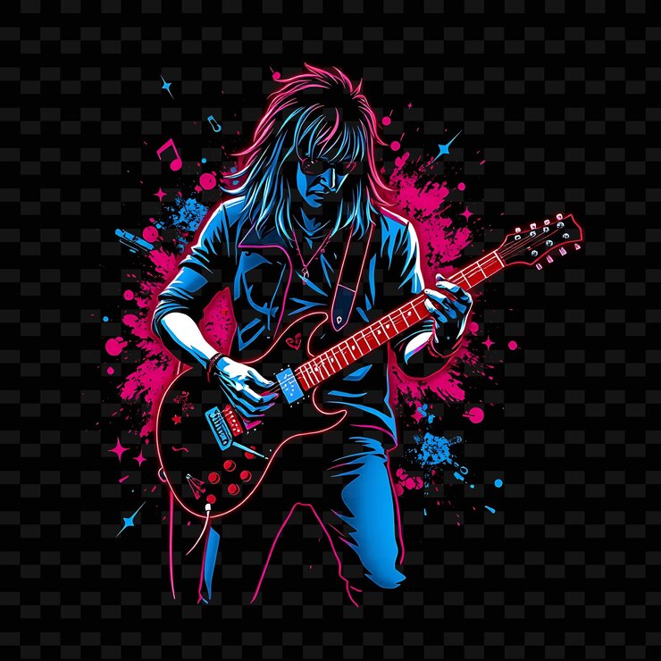 PSD guitarist in rock pose neon pop art design with vivid red and blue color theme decorated with music1
