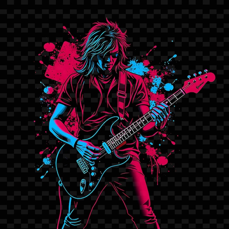 PSD guitarist in rock pose neon pop art design with vivid red and blue color theme decorated with music1
